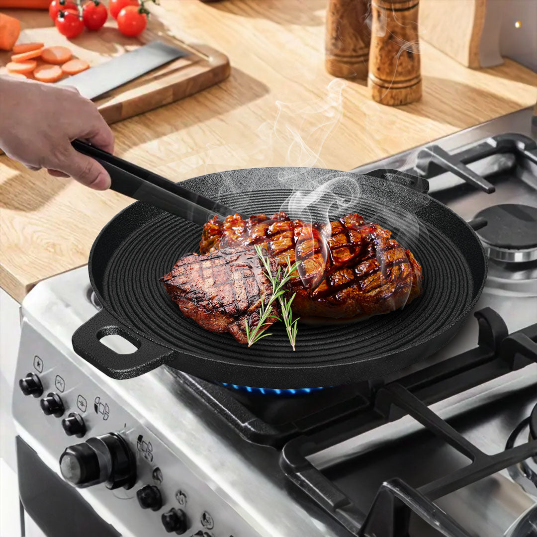 SOGA 2X 35cm Round Ribbed Cast Iron Frying Pan Skillet Steak Sizzle Platter with Handle • LUZ-ZPai004X2