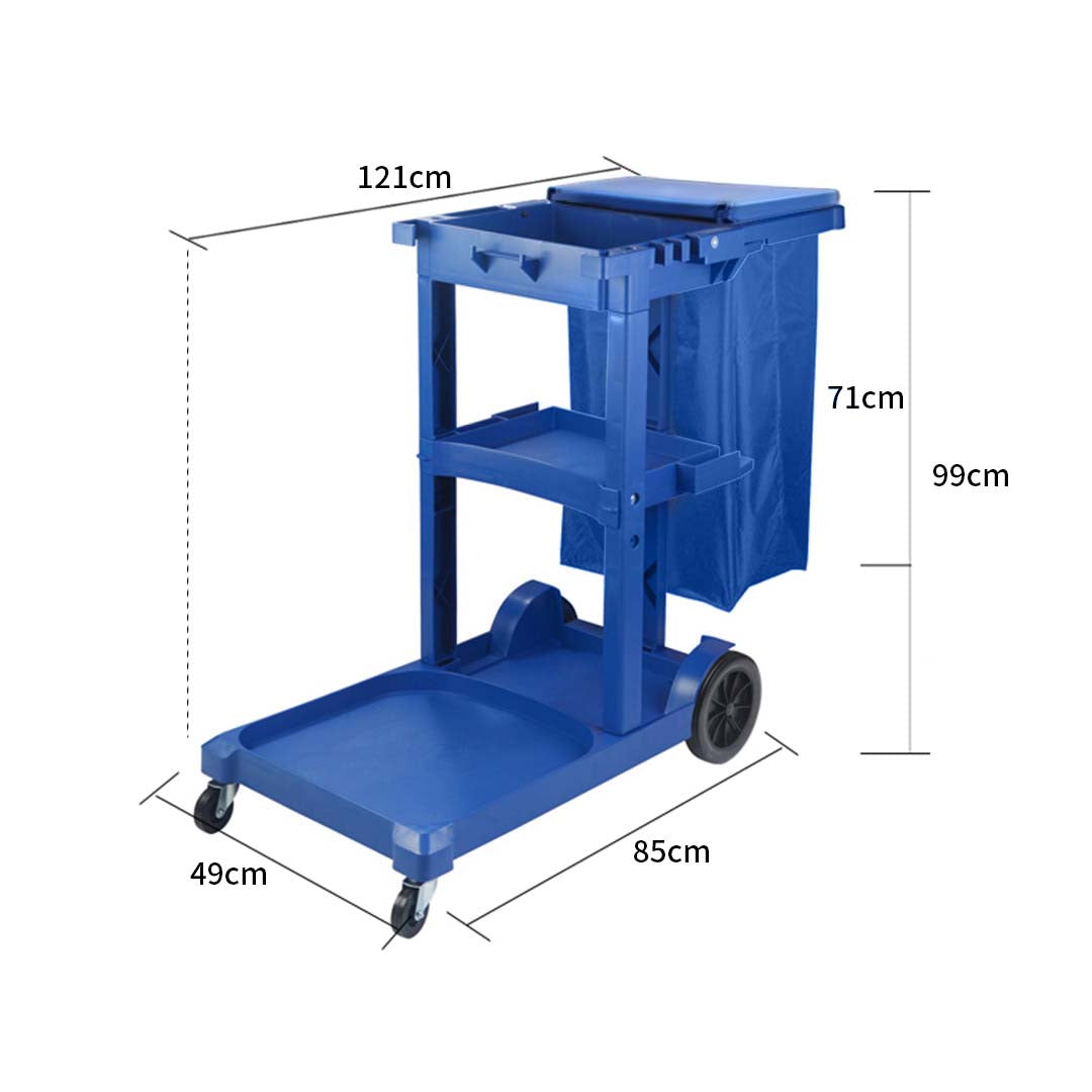 SOGA 3 Tier Multifunction Janitor Cleaning Waste Cart Trolley and Waterproof Bag with Lid Blue LUZ-FoodCart033GBlue