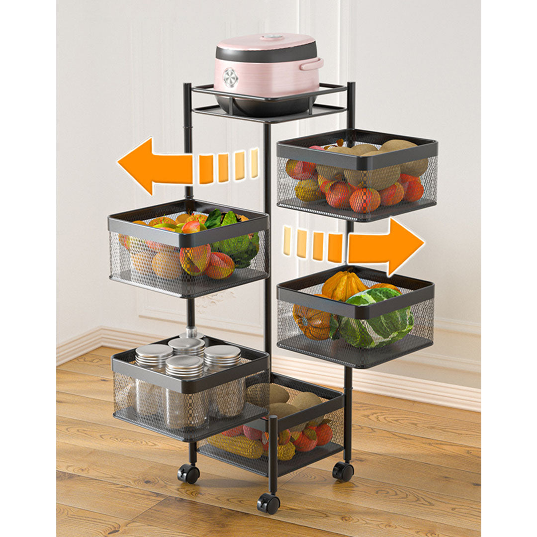 SOGA 5 Tier Steel Square Rotating Kitchen Cart Multi-Functional Shelves Portable Storage Organizer with Wheels • LUZ-KitchenXY021