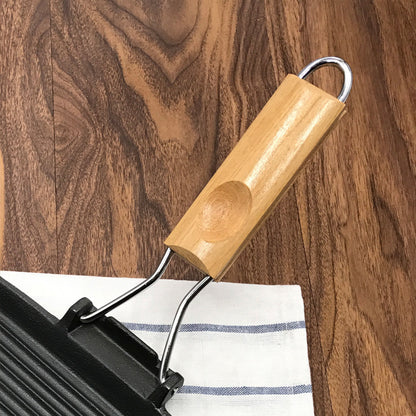 SOGA 20.5cm Rectangular Cast Iron Griddle Grill Frying Pan with Folding Wooden Handle • LUZ-ZPai061