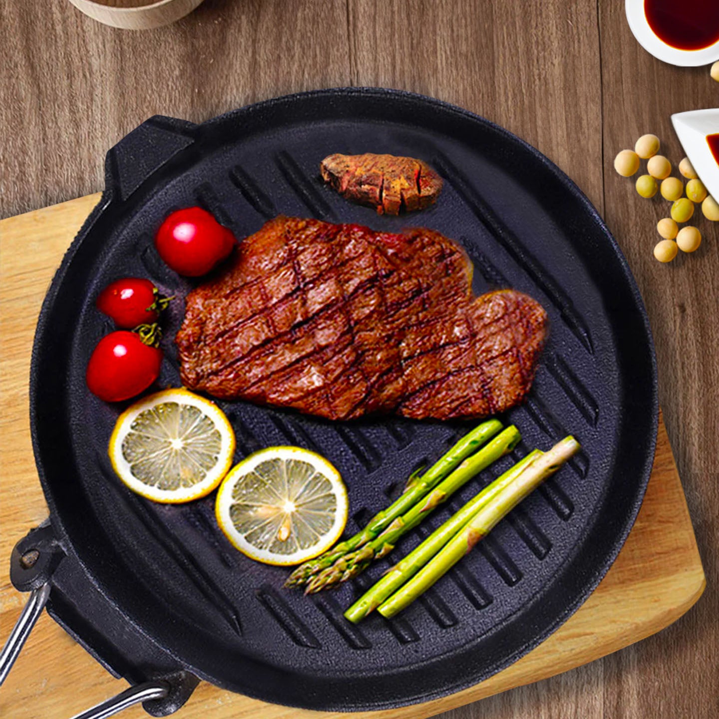 SOGA 2X 24cm Round Ribbed Cast Iron Steak Frying Grill Skillet Pan with Folding Wooden Handle • LUZ-ZPai026X2