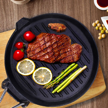 SOGA 2X 24cm Round Ribbed Cast Iron Steak Frying Grill Skillet Pan with Folding Wooden Handle • LUZ-ZPai026X2