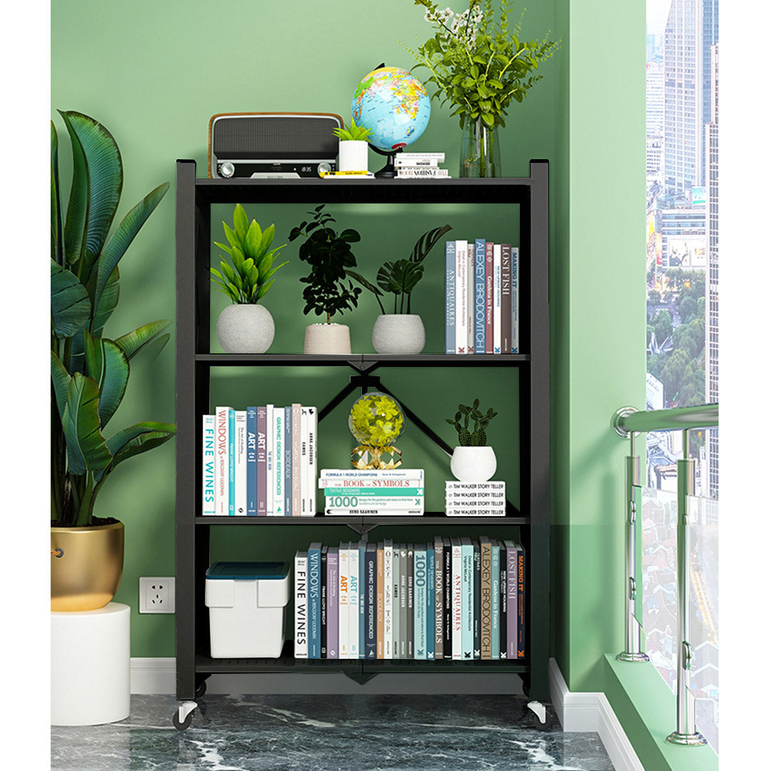 SOGA 2X 4 Tier Steel Black Foldable Display Stand Multi-Functional Shelves Portable Storage Organizer with Wheels • LUZ-KitchenXY029BLKX2
