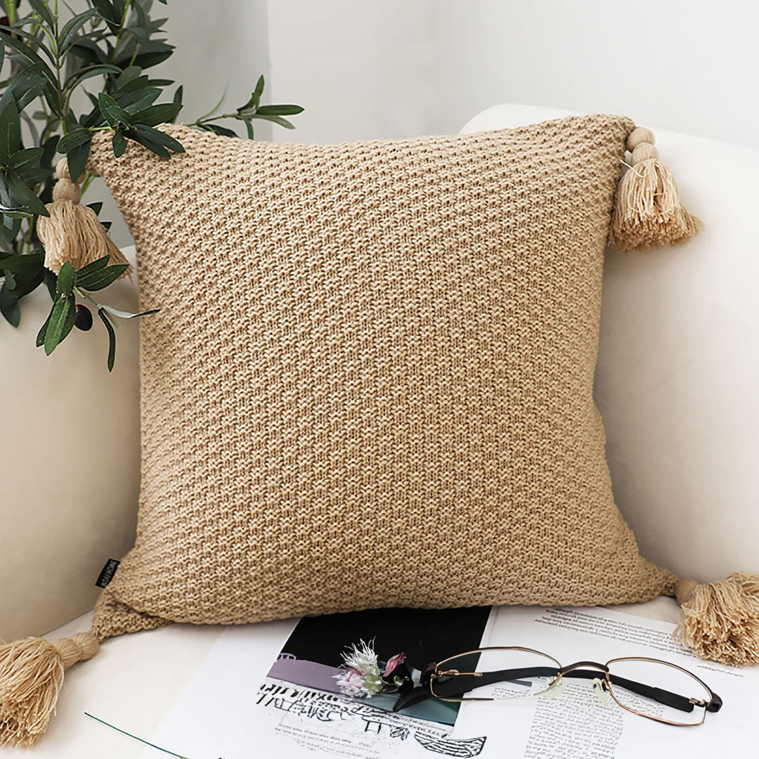 SOGA 50CM Light Brown Pillow with Tassel Accents, Rizzy Transitional Cover Throw Pillow • LUZ-FrenchCushion202X2