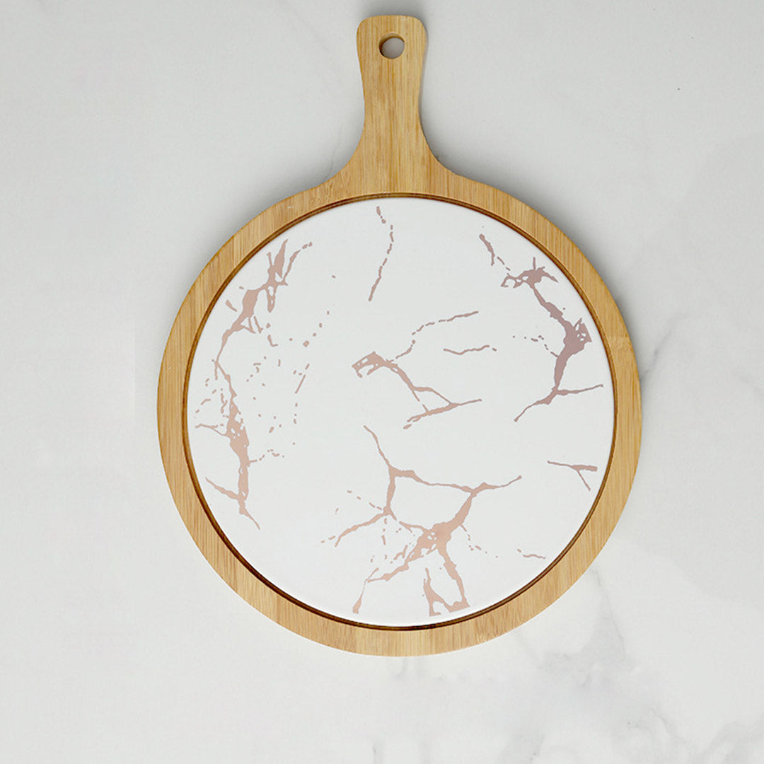 SOGA 2X 30cm White Circle Wooden Serving Tray Slate Steak Serving Platter Chopping Board Paddle Home Decor • LUZ-WodE595X2