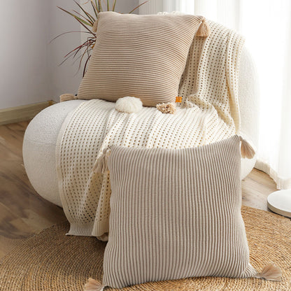 SOGA 2X 45cm Off-White Wabi-Sabi Raised Pillow Cotton Striped Large Tassel Square Pillow Throw Pillow • LUZ-FrenchCushion263X2