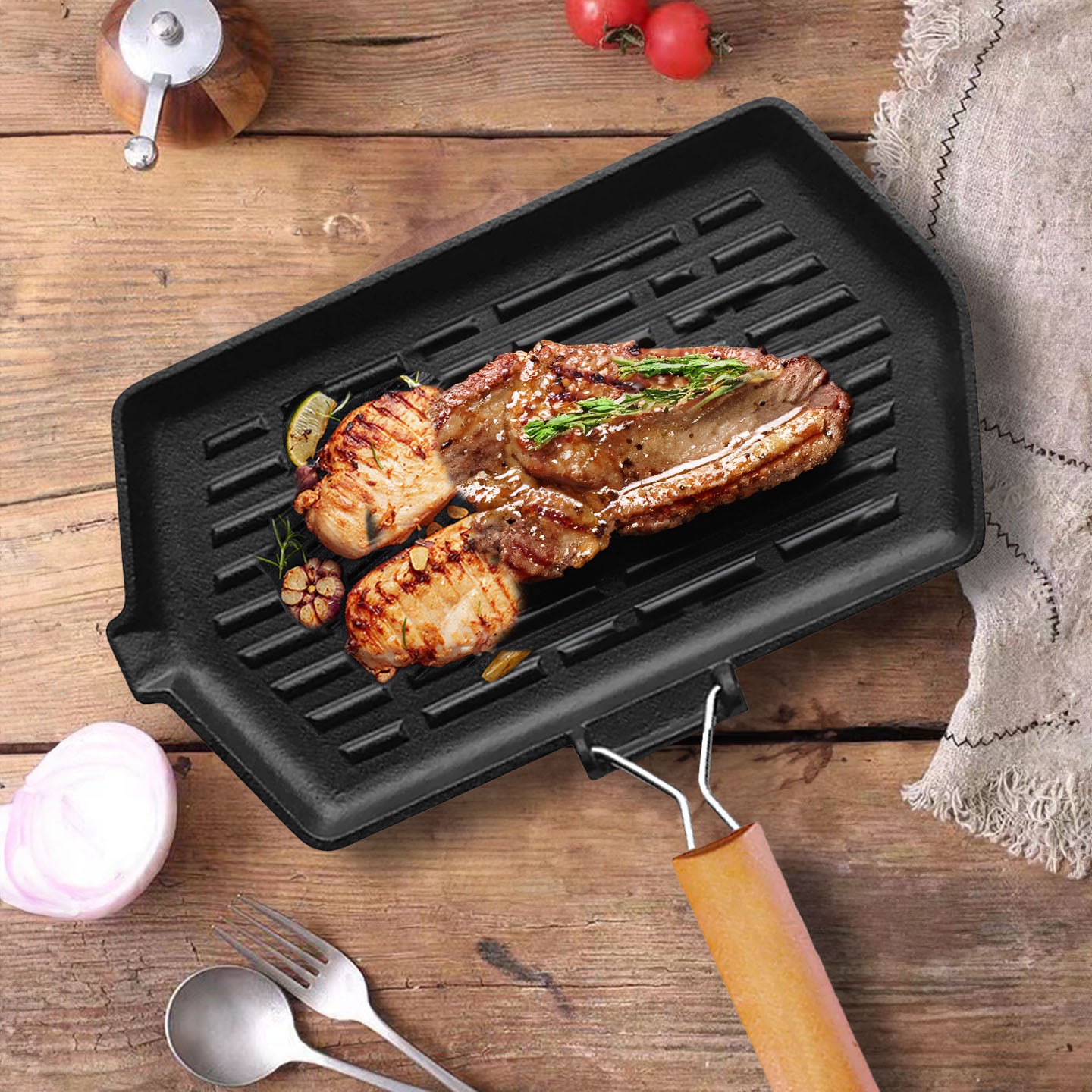 SOGA Rectangular Cast Iron Griddle Grill Frying Pan with Folding Wooden Handle • LUZ-ZPai047