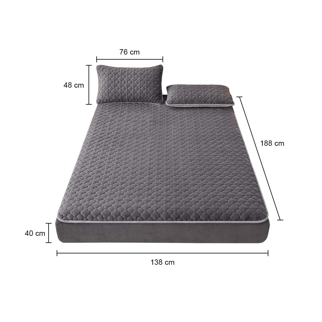 SOGA 2X Grey 138cm Wide Mattress Cover Thick Quilted Fleece Stretchable Clover Design Bed Spread Sheet Protector with Pillow Covers • LUZ-BCover7001X2