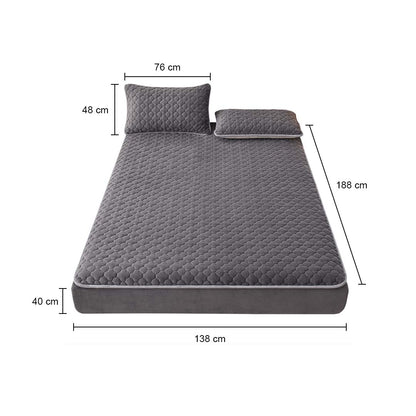 SOGA 2X Grey 138cm Wide Mattress Cover Thick Quilted Fleece Stretchable Clover Design Bed Spread Sheet Protector with Pillow Covers • LUZ-BCover7001X2