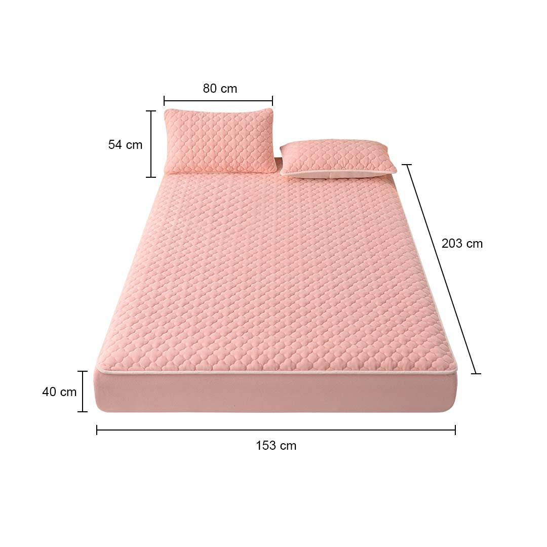 SOGA 2X Pink 153cm Wide Mattress Cover Thick Quilted Fleece Stretchable Clover Design Bed Spread Sheet Protector with Pillow Covers • LUZ-BCover7007X2