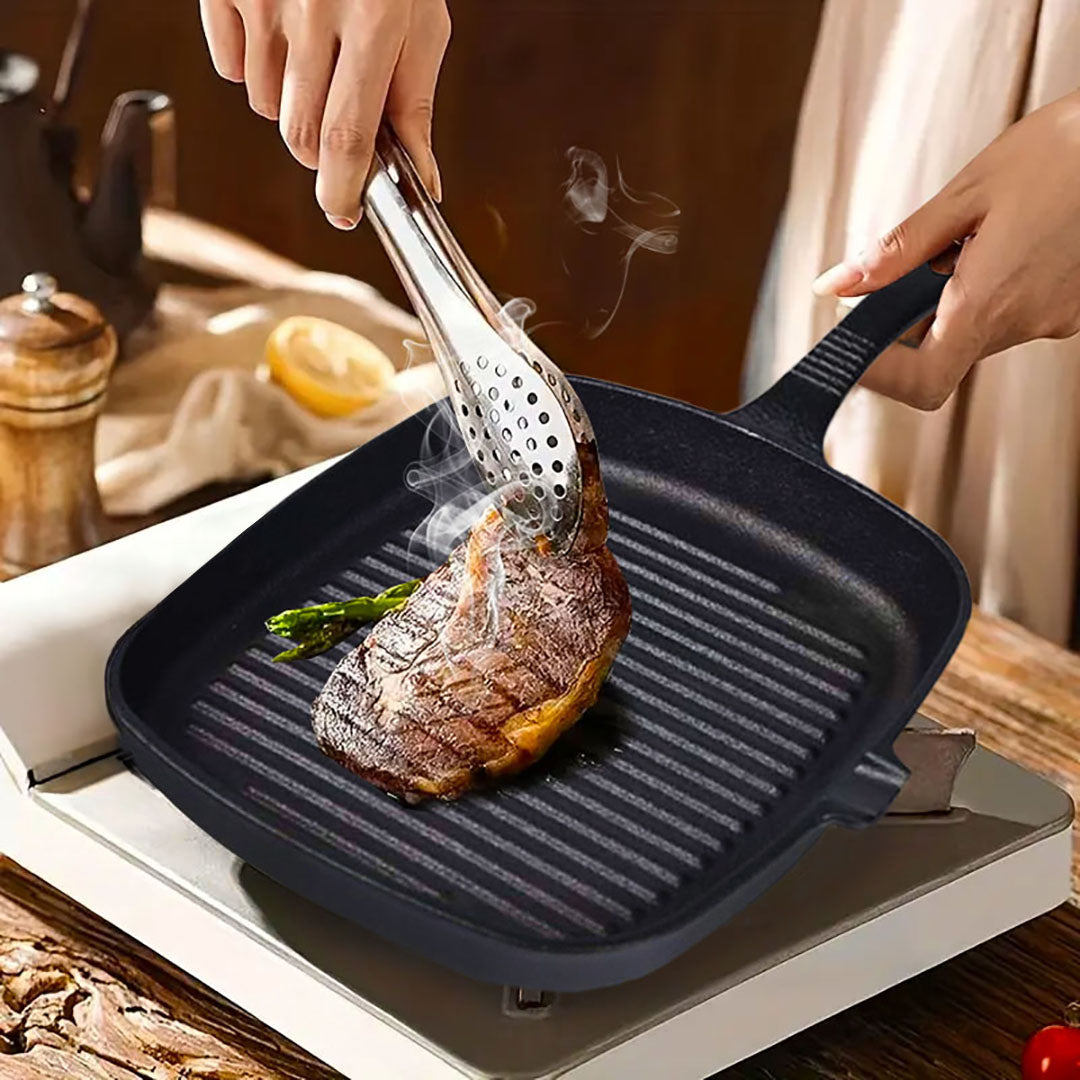SOGA 2X 23.5cm Square Ribbed Cast Iron Frying Pan Skillet Steak Sizzle Platter with Handle • LUZ-ZPai006X2