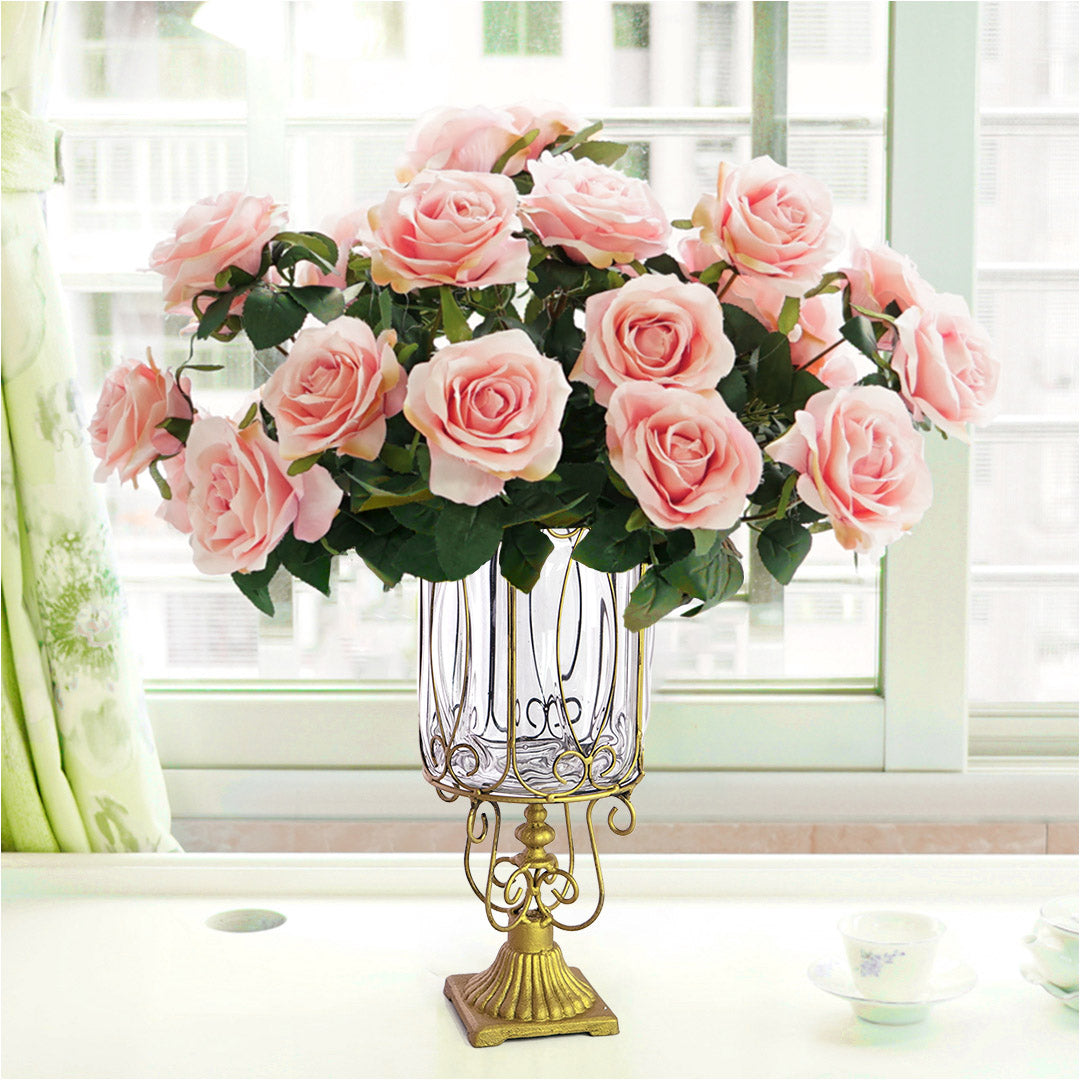 SOGA Clear Glass Cylinder Flower Vase with 4 Bunch 9 Heads Artificial Fake Silk Rose Home Decor Set • LUZ-YG3015-F001