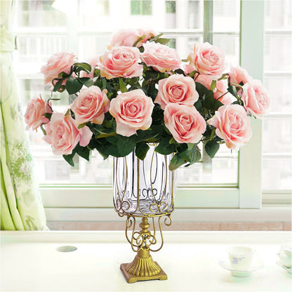 SOGA Clear Glass Cylinder Flower Vase with 4 Bunch 9 Heads Artificial Fake Silk Rose Home Decor Set • LUZ-YG3015-F001
