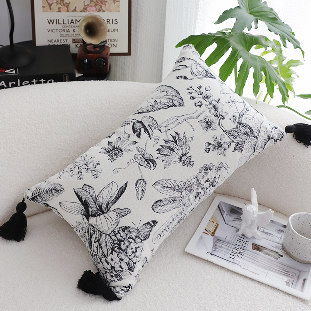 SOGA 35cm Throw Pillow  Black and White Floral Print Elegant with Tassel Accents Home Decor • LUZ-FrenchCushion342