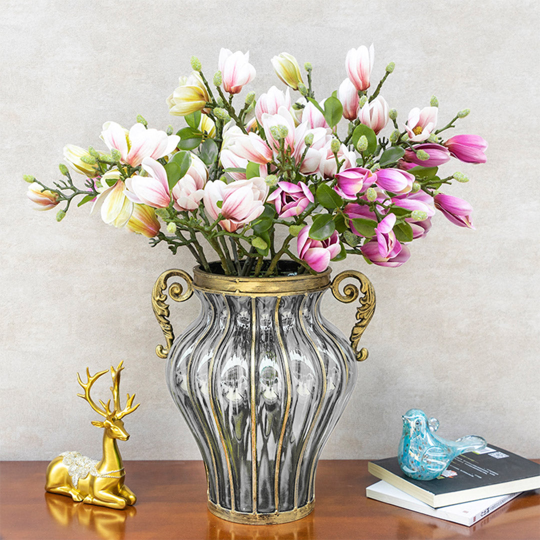 SOGA Clear Glass Flower Vase with 6 Bunch 4 Heads Artificial Fake Silk Magnolia denudata Home Decor Set • LUZ-YG8054Clear-F007