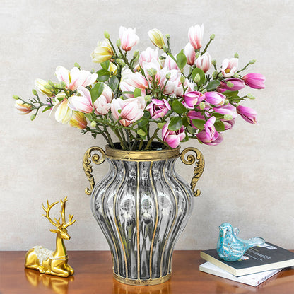 SOGA Clear Glass Flower Vase with 6 Bunch 4 Heads Artificial Fake Silk Magnolia denudata Home Decor Set • LUZ-YG8054Clear-F007
