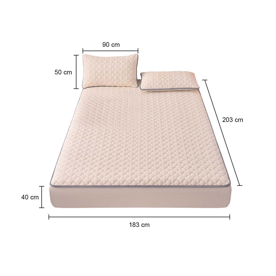 SOGA Beige 183cm Wide Mattress Cover Thick Quilted Fleece Stretchable Clover Design Bed Spread Sheet Protector with Pillow Covers • LUZ-BCover7006