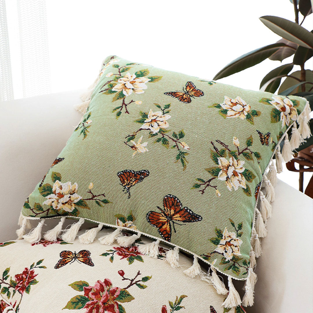 SOGA 2X 45cm Matcha Green French Vintage Butterfly Loves Flowers Tassel Throw pillow • LUZ-FrenchCushion249X2