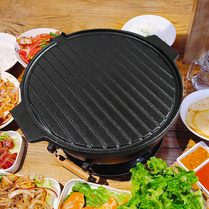 SOGA 30CM Round Cast Iron Korean BBQ Grill Plate with Handles and Drip Lip • LUZ-ZPai045