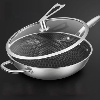 SOGA 2X 34cm Stainless Steel Tri-Ply Frying Cooking Fry Pan Textured Non Stick Skillet with Glass Lid and Helper Handle • LUZ-FryPanTRIFPYZ34X2
