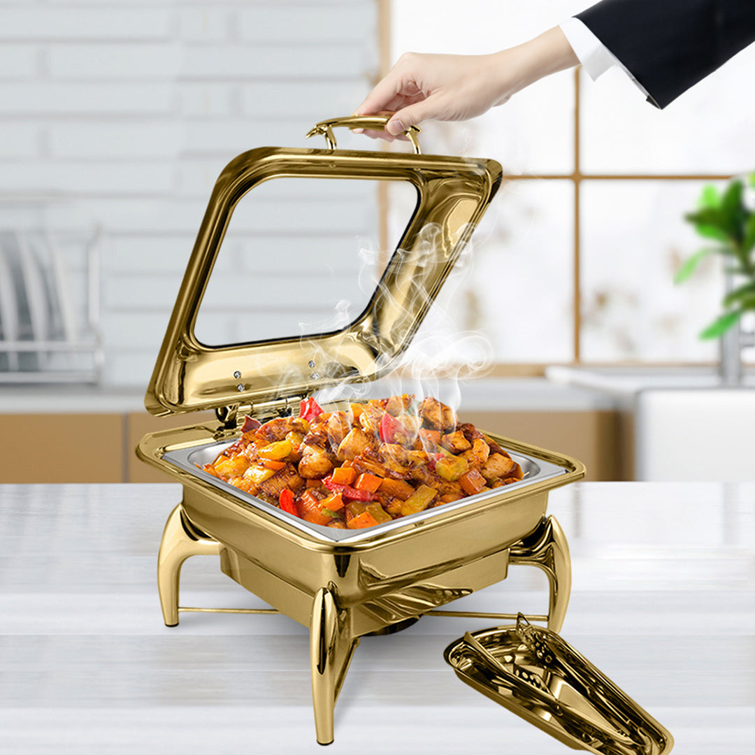 SOGA 2X Gold Plated Stainless Steel Square Chafing Dish Tray Buffet Cater Food Warmer Chafer with Top Lid • LUZ-ChafingDish294X2