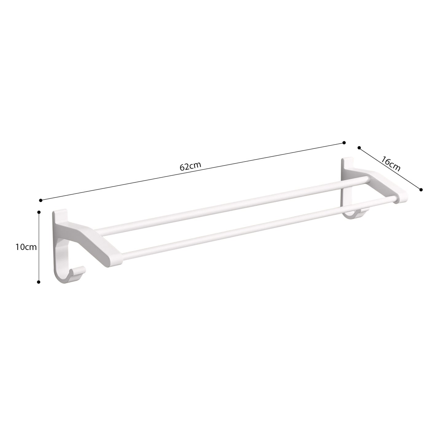 SOGA 62cm White Wall-Mounted Double Pole Towel Holder Bathroom Organiser Rail Hanger with Hooks • LUZ-TAN1048