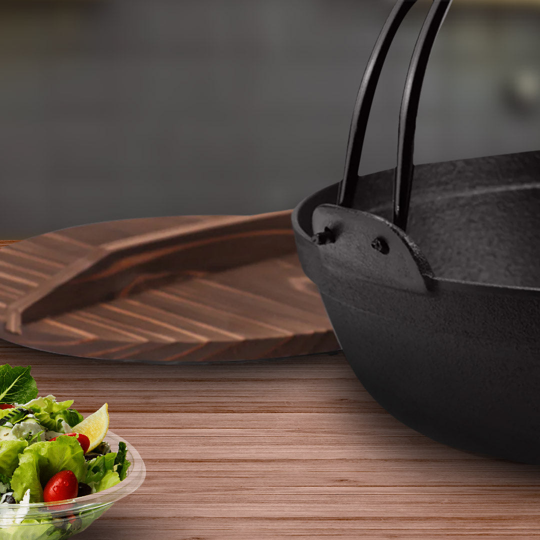 SOGA 2X 25cm Cast Iron Japanese Style Sukiyaki Tetsu Nabe Shabu Hot Pot with Wooden Lid • LUZ-ZPaiA5-25X2