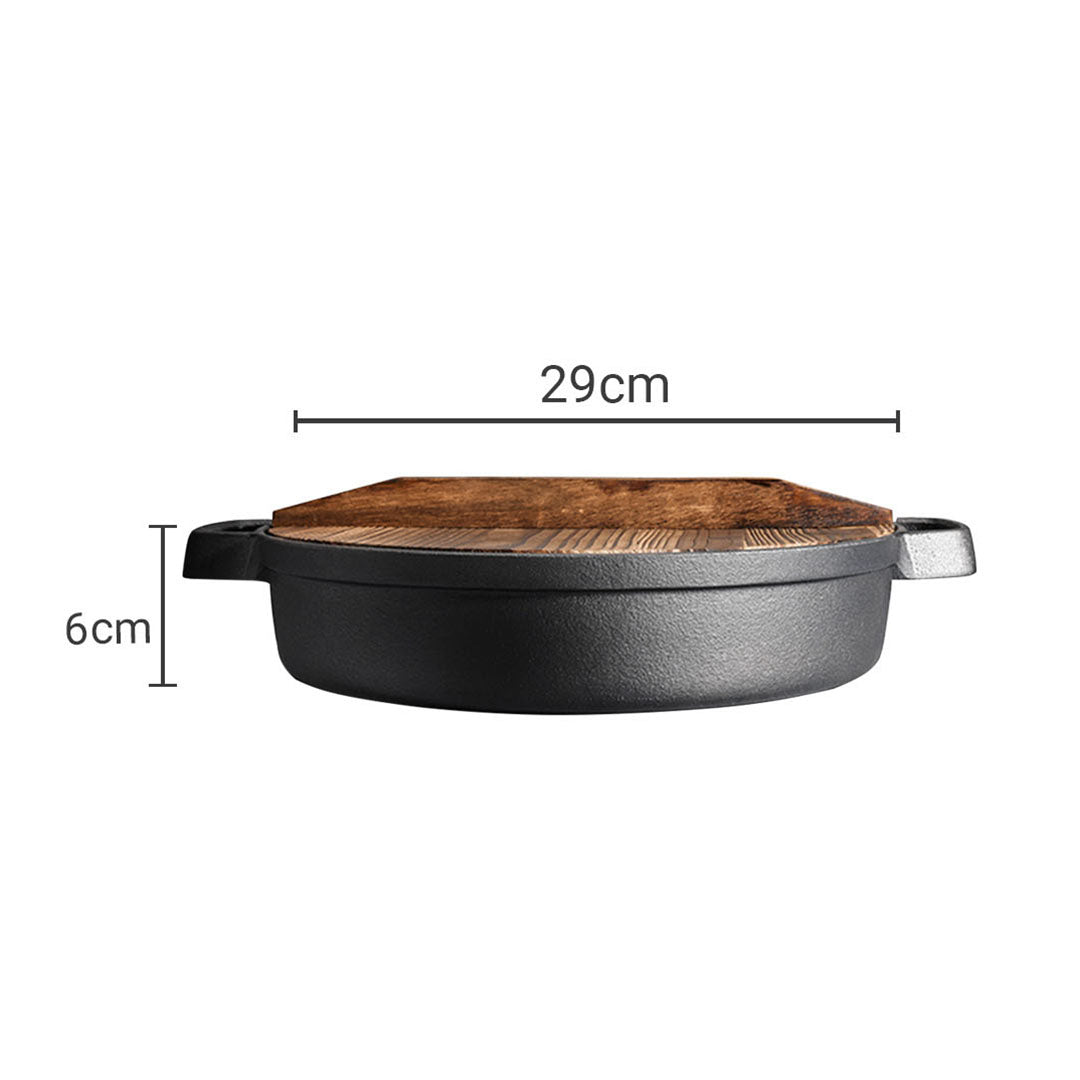 SOGA 2X 29cm Round Cast Iron Pre-seasoned Deep Baking Pizza Frying Pan Skillet with Wooden Lid • LUZ-ZPaiC1X2
