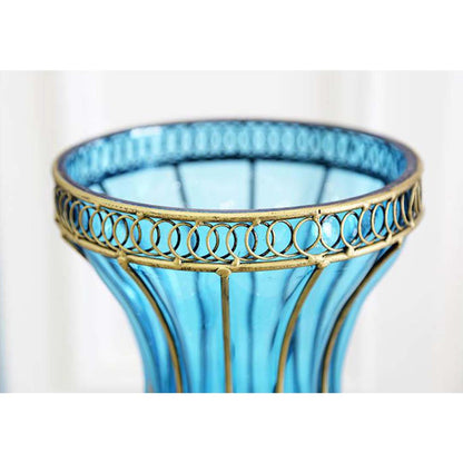 SOGA 67cm Blue Glass Tall Floor Vase and 12pcs Pink Artificial Fake Flower Set • LUZ-Vase0053BluewPinkF12