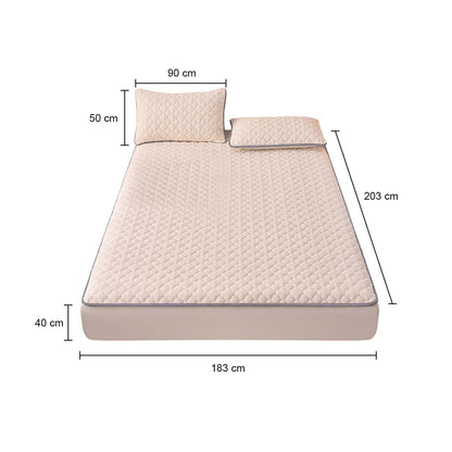 SOGA 2X Beige 183cm Wide Mattress Cover Thick Quilted Fleece Stretchable Clover Design Bed Spread Sheet Protector with Pillow Covers • LUZ-BCover7006X2