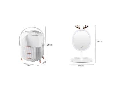 SOGA White Cosmetic Jewelry Storage Organiser with Antler LED Light Mirror Tabletop Vanity Set • LUZ-BathC109-G533