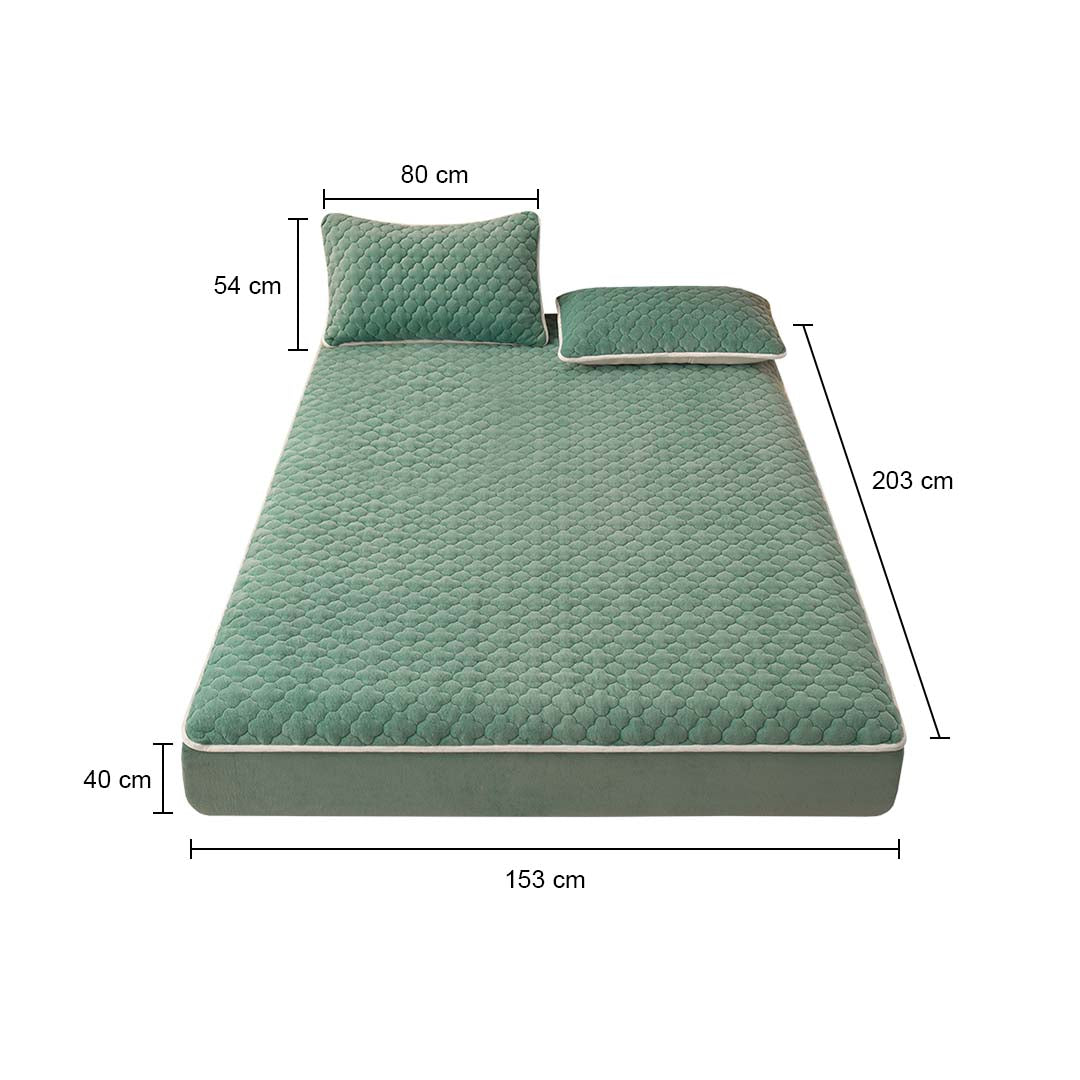 SOGA Green 153cm Wide Mattress Cover Thick Quilted Fleece Stretchable Clover Design Bed Spread Sheet Protector with Pillow Covers • LUZ-BCover7009