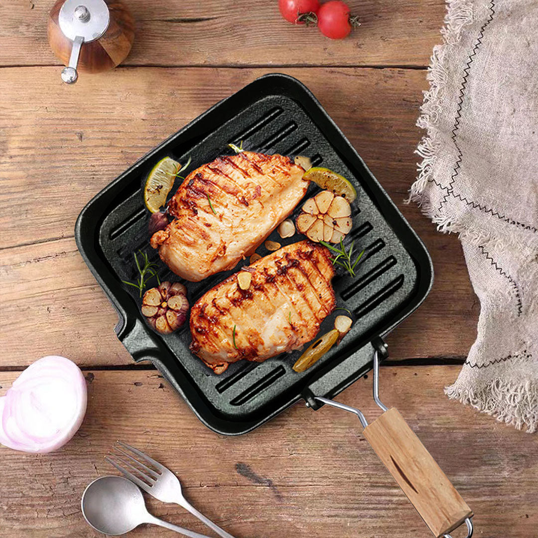 SOGA 24cm Ribbed Cast Iron Square Steak Frying Grill Skillet Pan with Folding Wooden Handle • LUZ-ZPai010