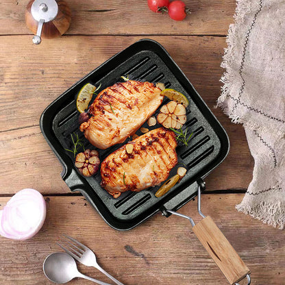 SOGA 24cm Ribbed Cast Iron Square Steak Frying Grill Skillet Pan with Folding Wooden Handle • LUZ-ZPai010