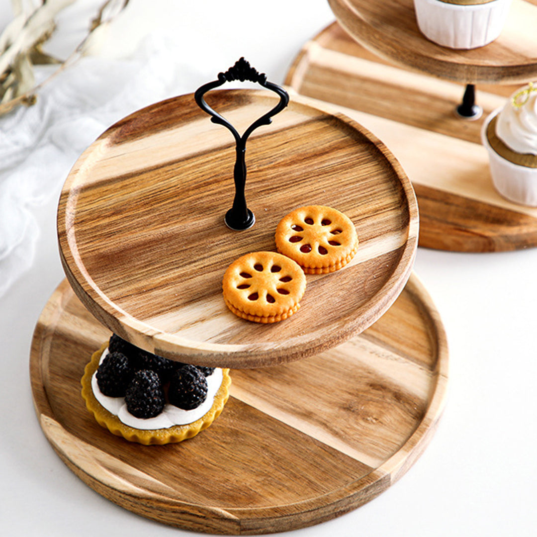 SOGA 2X 15cm 2 Tier  Brown Round Wooden Acacia Dessert Tray Cake Snacks Cupcake Stand Buffet Serving Countertop Decor • LUZ-WodC237X2