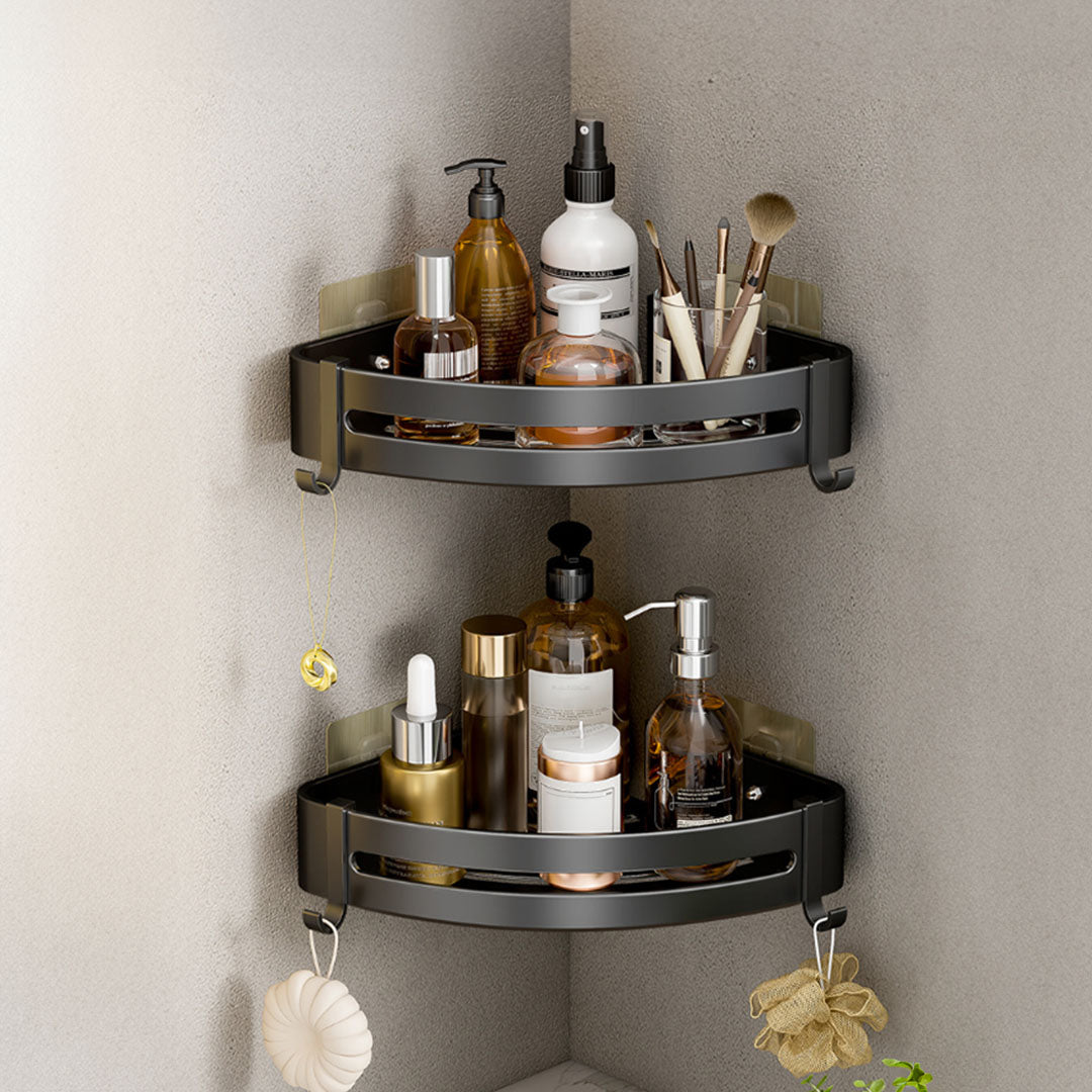 SOGA Black Wall-Mounted Triangular Bathroom Storage Corner Vanity Organiser Space Saving Adhesive Shelf Rack with Hooks LUZ-TAN1008