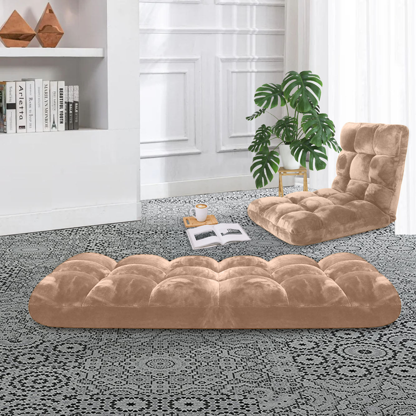 SOGA 2X Floor Recliner Folding Lounge Sofa Futon Couch Folding Chair Cushion Light Apricot • LUZ-LoungeChairLightApricotX2
