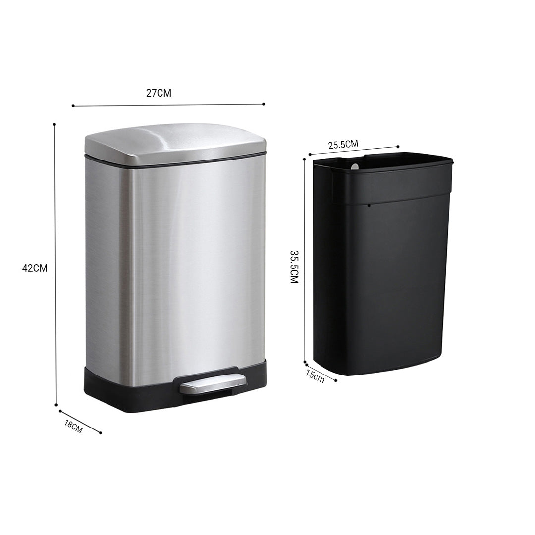 SOGA Foot Pedal Stainless Steel Rubbish Recycling Garbage Waste Trash Bin Rectangular Shape 12L Silver • LUZ-RubbishBinU12L05