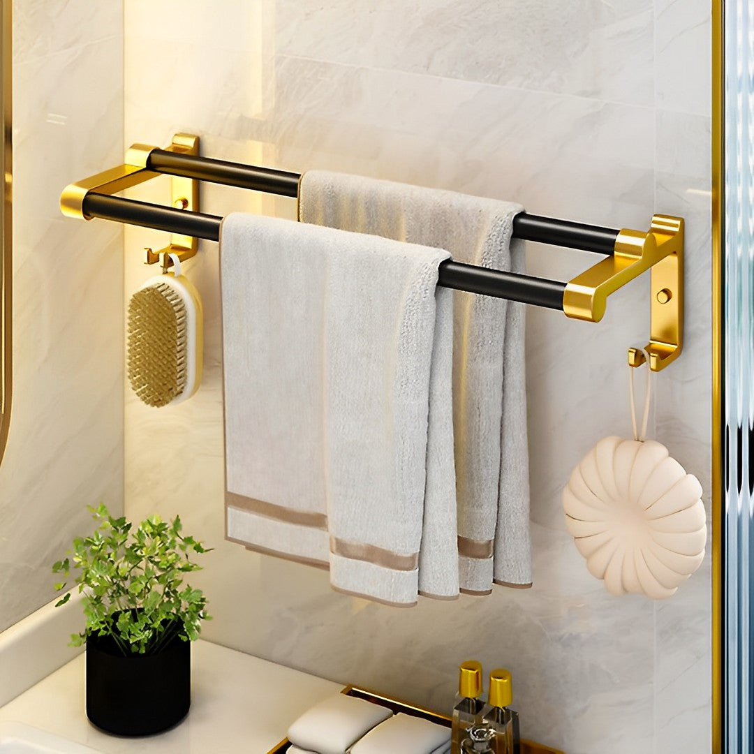 SOGA 61cm Wall-Mounted Double Pole Towel Holder Bathroom Organiser Rail Hanger with Hooks • LUZ-TAN1010