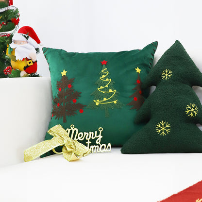 SOGA 45cm Throw Pillow Green Three Embroidered Christmas Trees for Festive Holiday Square Cushion Home Decor LUZ-FrenchCushion271