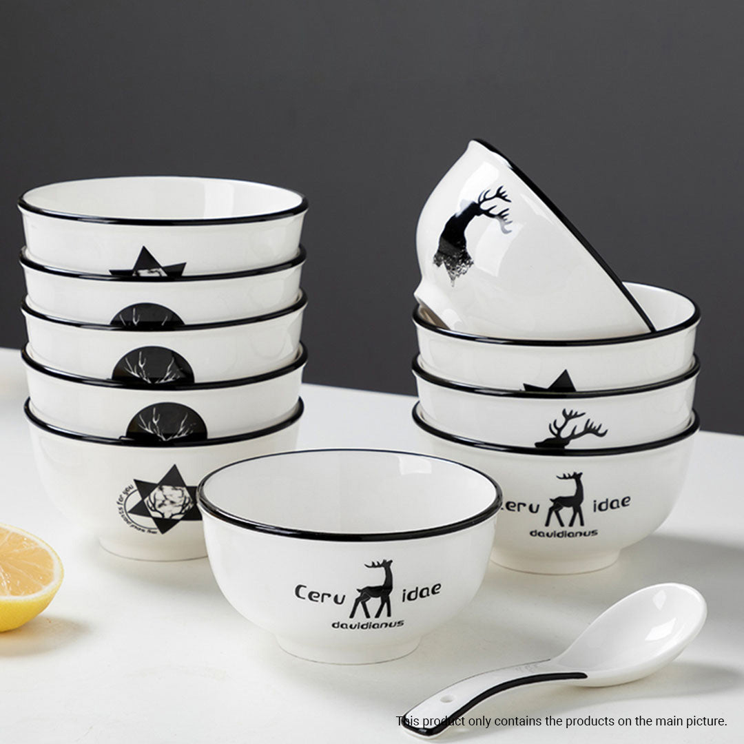 SOGA White Antler Printed Ceramic Dinnerware Set Crockery Soup Bowl Plate Server Kitchen Home Decor Set of 34 • LUZ-BowlG777