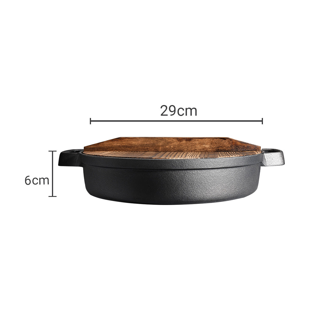 SOGA 29cm Round Cast Iron Pre-seasoned Deep Baking Pizza Frying Pan Skillet with Wooden Lid • LUZ-ZPaiC1
