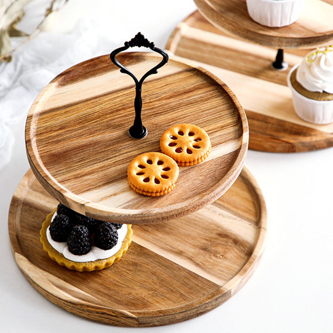 SOGA 20cm 2 Tier Brown  Round Wooden Acacia  Dessert Tray Cake Snacks Cupcake Stand Buffet Serving Countertop Decor • LUZ-WodC238