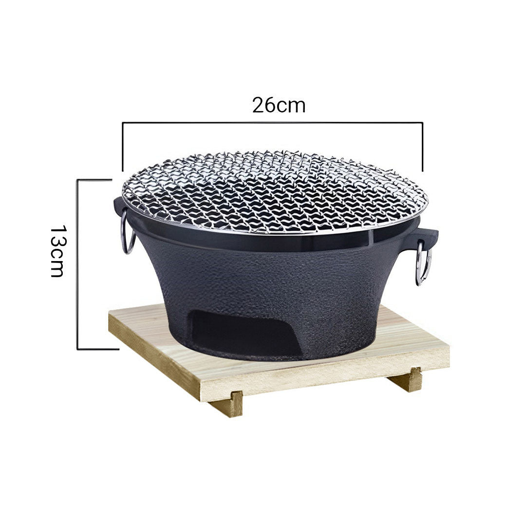 SOGA Large Cast Iron Round Stove Charcoal Table Net Grill Japanese Style BBQ Picnic Camping with Wooden Board • LUZ-Zpai056Lge