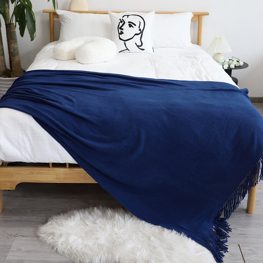 SOGA 2X Royal Blue Acrylic Knitted Throw Blanket Solid Fringed Warm Cozy Woven Cover Couch Bed Sofa Home Decor • LUZ-Blanket909X2