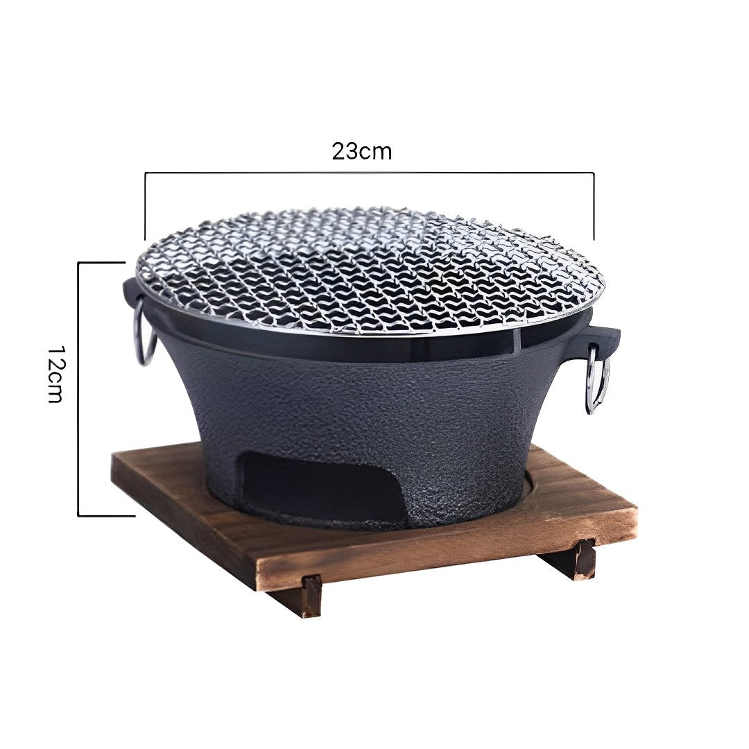 SOGA 2X Medium Cast Iron Round Stove Charcoal Table Net Grill Japanese Style BBQ Picnic Camping with Wooden Board • LUZ-Zpai056MedX2