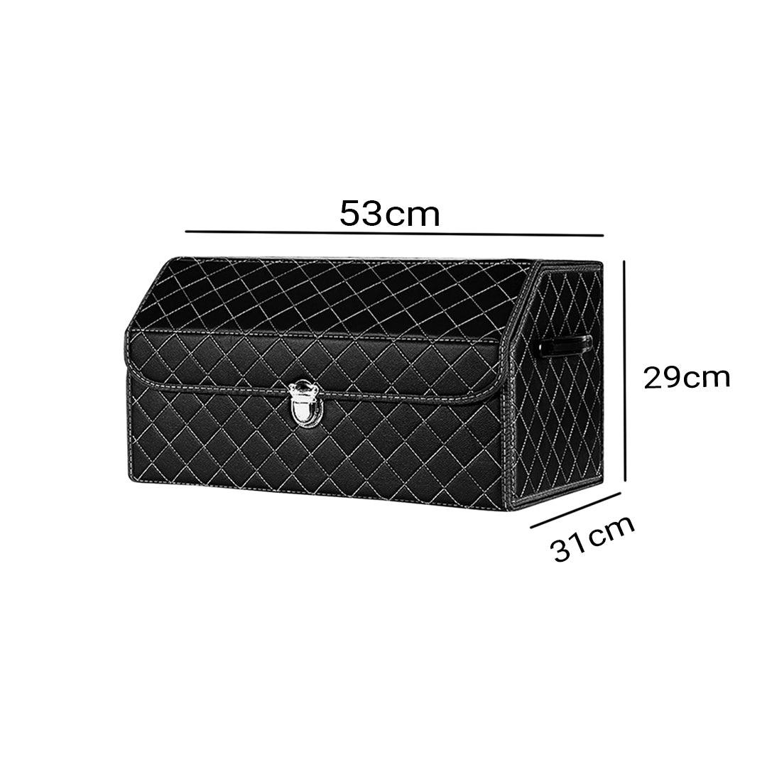 SOGA Leather Car Boot Collapsible Foldable Trunk Cargo Organizer Portable Storage Box Black/White Stitch with Lock Medium • LUZ-StorageBLK387