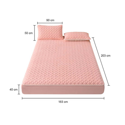 SOGA 2X Pink 183cm Wide Mattress Cover Thick Quilted Fleece Stretchable Clover Design Bed Spread Sheet Protector with Pillow Covers • LUZ-BCover7008X2