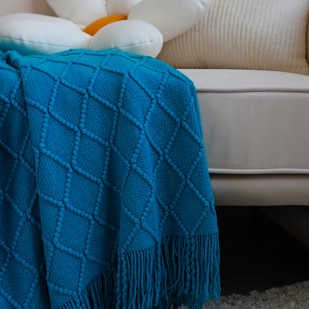 SOGA 2X Blue Diamond Pattern Knitted Throw Blanket Warm Cozy Woven Cover Couch Bed Sofa Home Decor with Tassels • LUZ-Blanket904X2