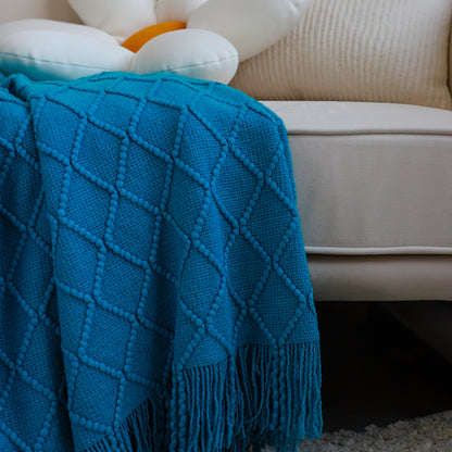 SOGA 2X Blue Diamond Pattern Knitted Throw Blanket Warm Cozy Woven Cover Couch Bed Sofa Home Decor with Tassels • LUZ-Blanket904X2
